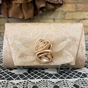 Midnight Velvet Elegant Beige Clutch with Floral Detail, NWT